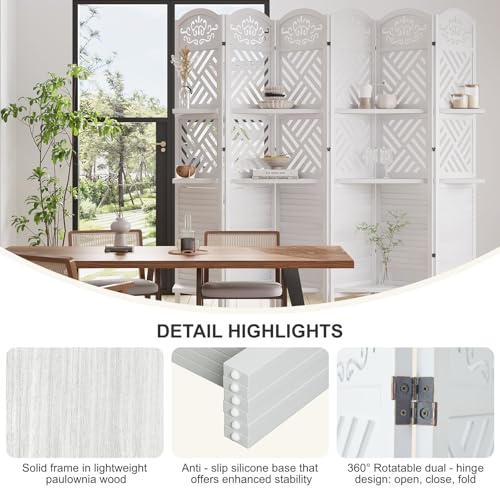 6 Panels Natural Wood Room Divider with Shelves M490821