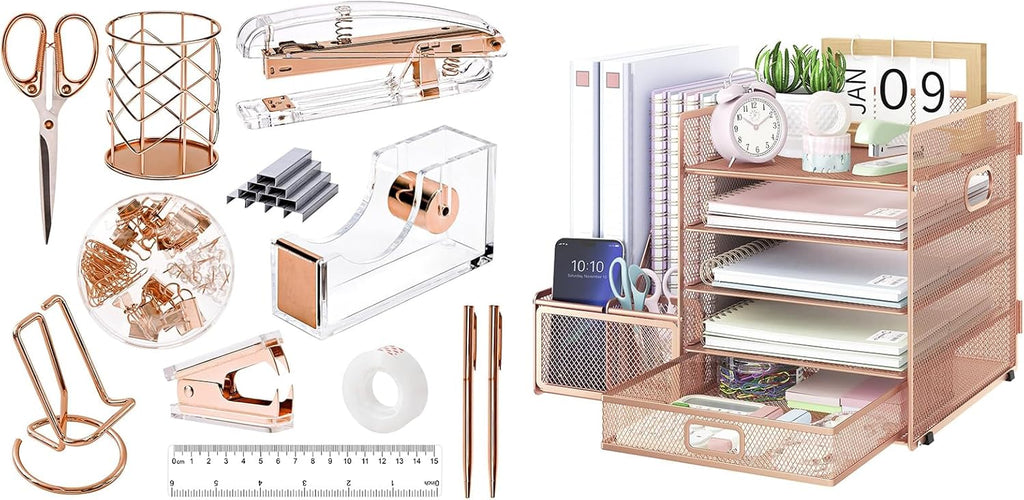 Rose Gold Acrylic Desk Organizer Set with Stapler and File Shelves Z8239