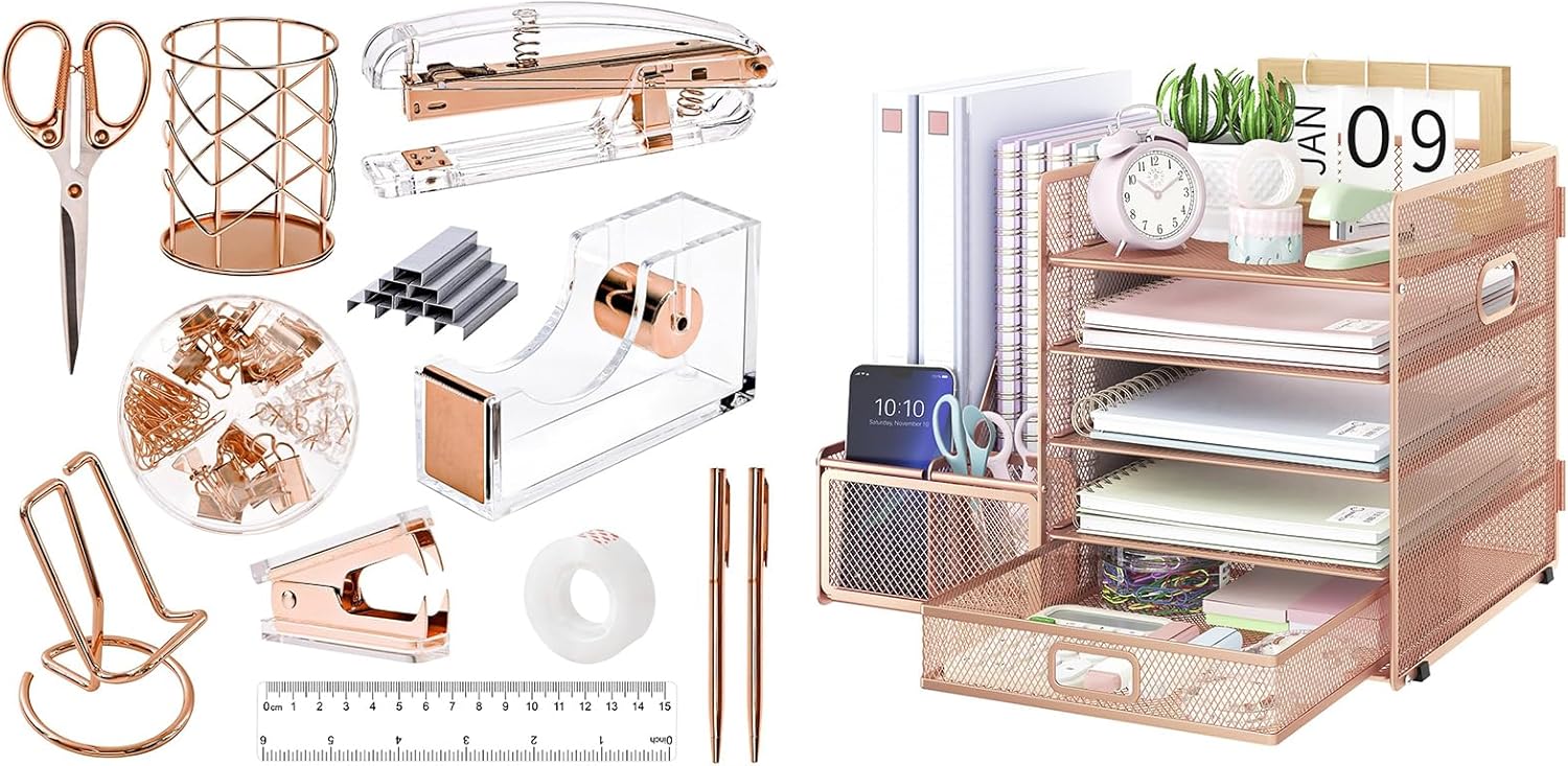 Rose Gold Acrylic Desk Organizer Set with Stapler and File Shelves Z8239