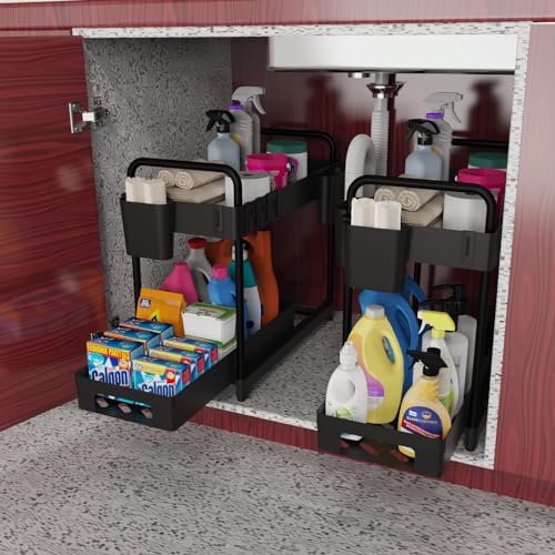 2 Pack Black 2 Tier Sliding Under Sink Shelf with 4 Hooks and Cup Slot E8904