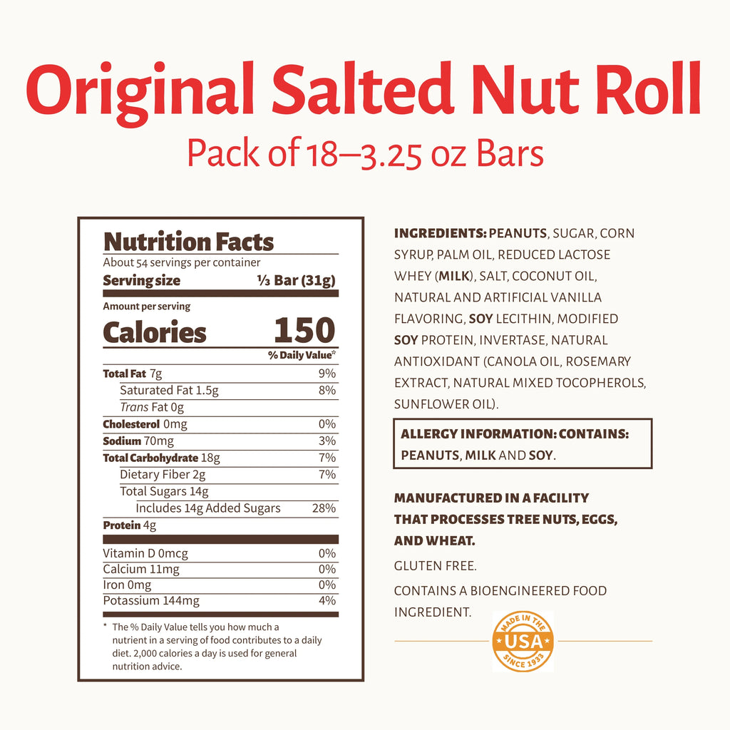 Salted Nut Roll 3.25 oz. King-Size Candy Bars 18 Count E184