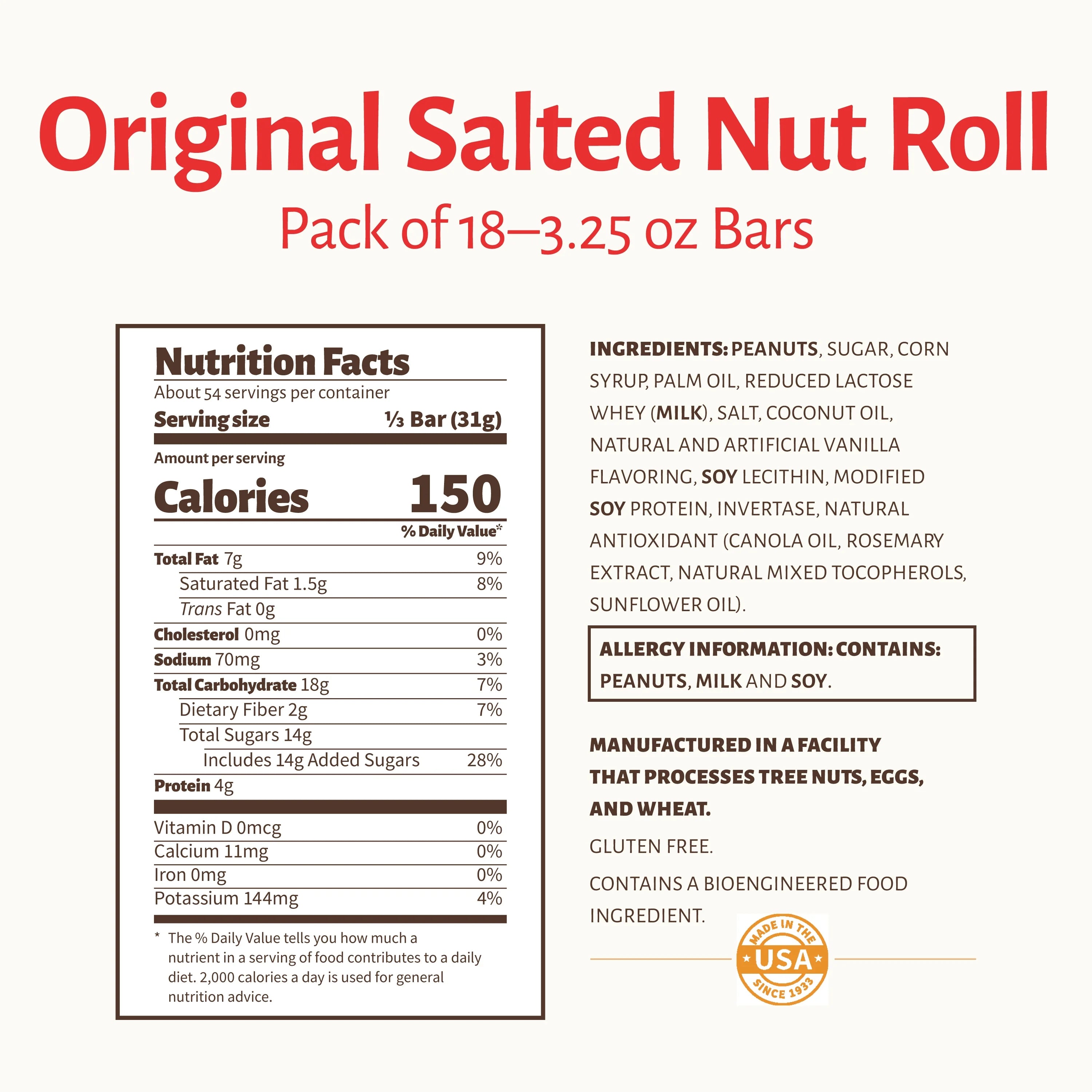 Salted Nut Roll 3.25 oz. King-Size Candy Bars 18 Count E184