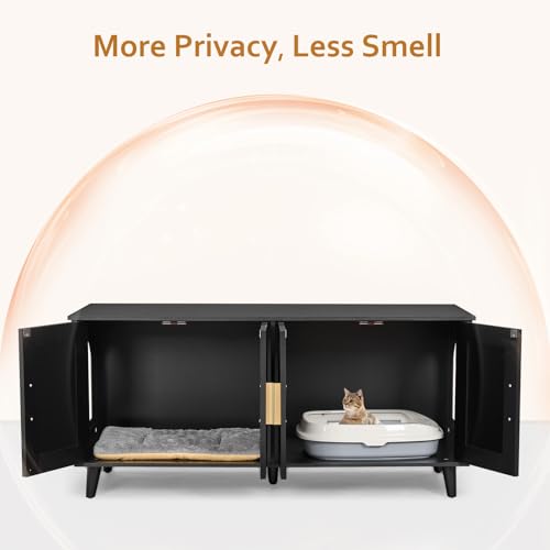 Boho Cat Litter Box Enclosure with Double Rattan Decorated Doors, 47.2"L x 19.7"W x 21.7"H, Natural U430