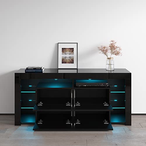 Modern High Gloss 61" TV Stand with Storage Cabinets and LED Lights O176008