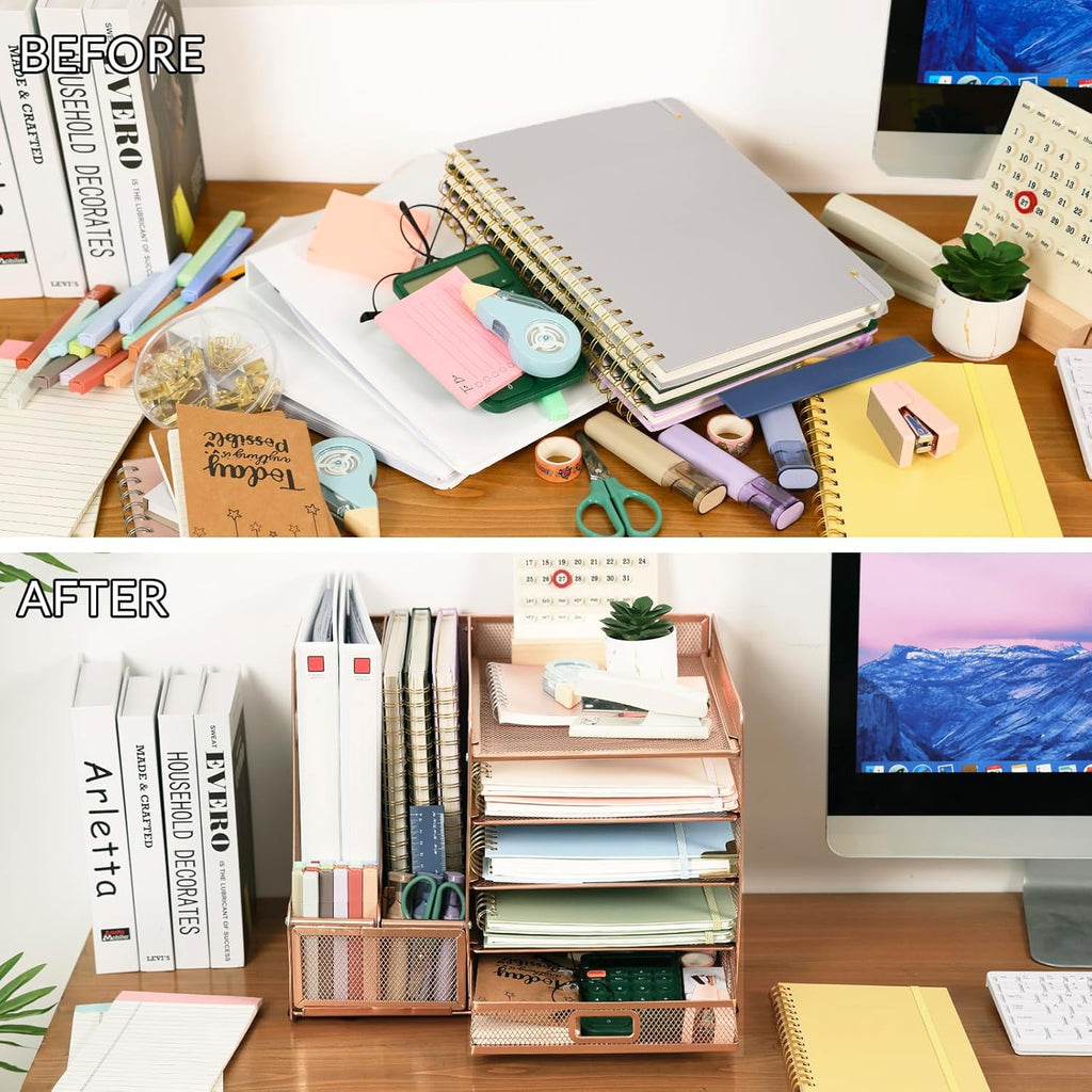 Rose Gold Acrylic Desk Organizer Set with Stapler and File Shelves Z8239