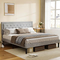 Queen Size Platform Bed Frame with Upholstered Headboard, Button Tufted Design, Light Grey X24592