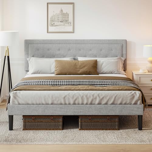 Queen Size Platform Bed Frame with Upholstered Headboard, Button Tufted Design, Light Grey X24592