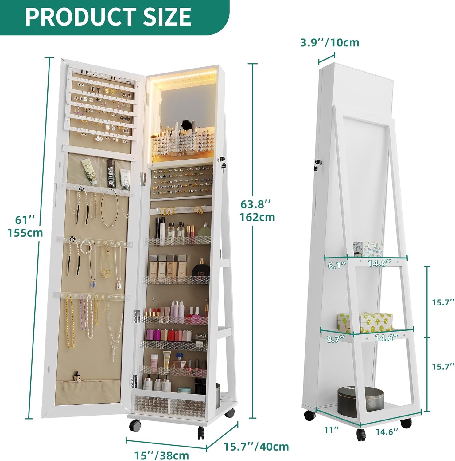 White Full Length Mirror Jewelry Cabinet with Lights B6590