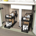 2 Pack Black 2 Tier Sliding Under Sink Shelf with 4 Hooks and Cup Slot E8904