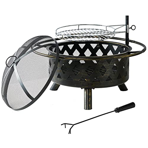 2 in 1 Wood Burning Fire Pit with Mesh Spark Screen Doors A4886