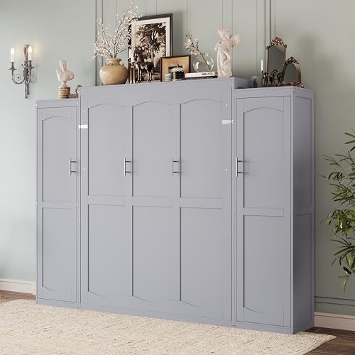White Queen Size Wooden Murphy Wall Bed with Storage Shelf I185303