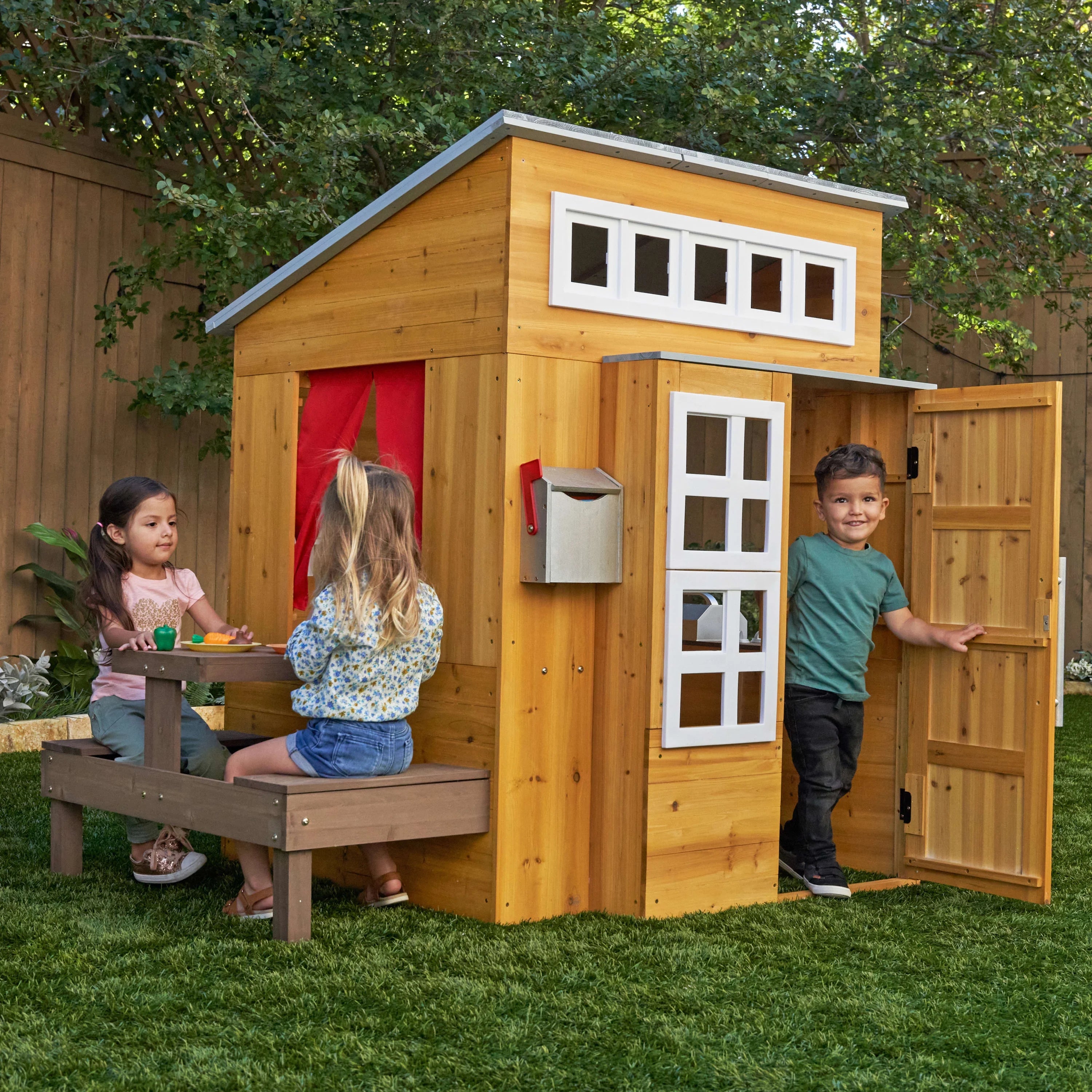 Modern Outdoor Wooden Playhouse with Picnic Table S267323