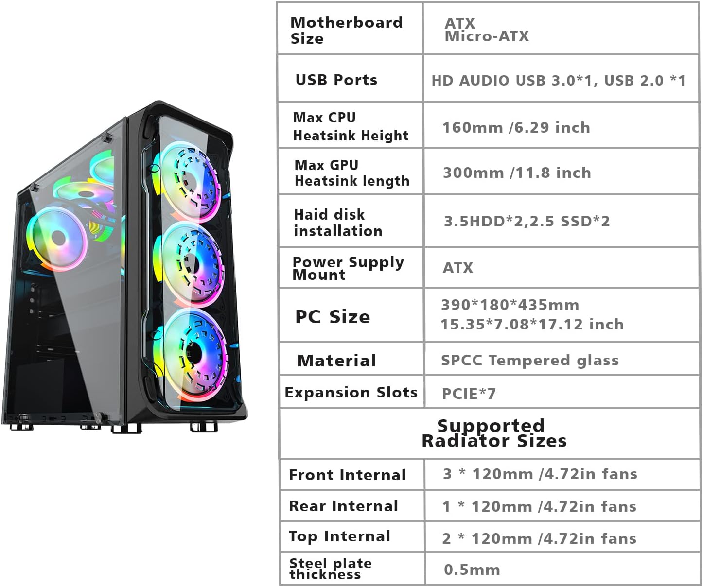 Mid-Tower PC Case with 6pcs 120mm ARGB Fans and Tempered Glass Side & Front Panels F238