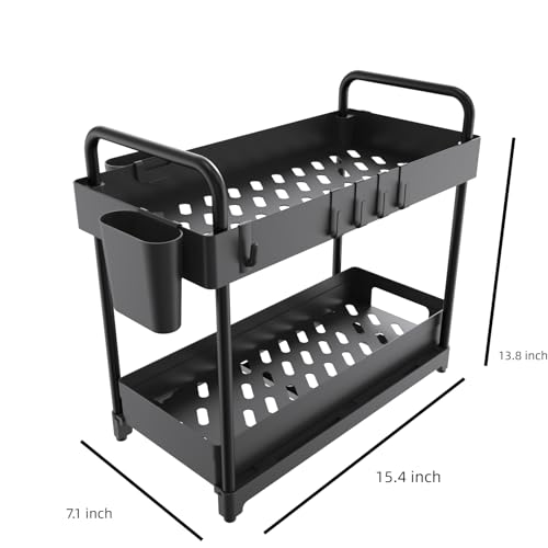 2 Pack Black 2 Tier Sliding Under Sink Shelf with 4 Hooks and Cup Slot E8904