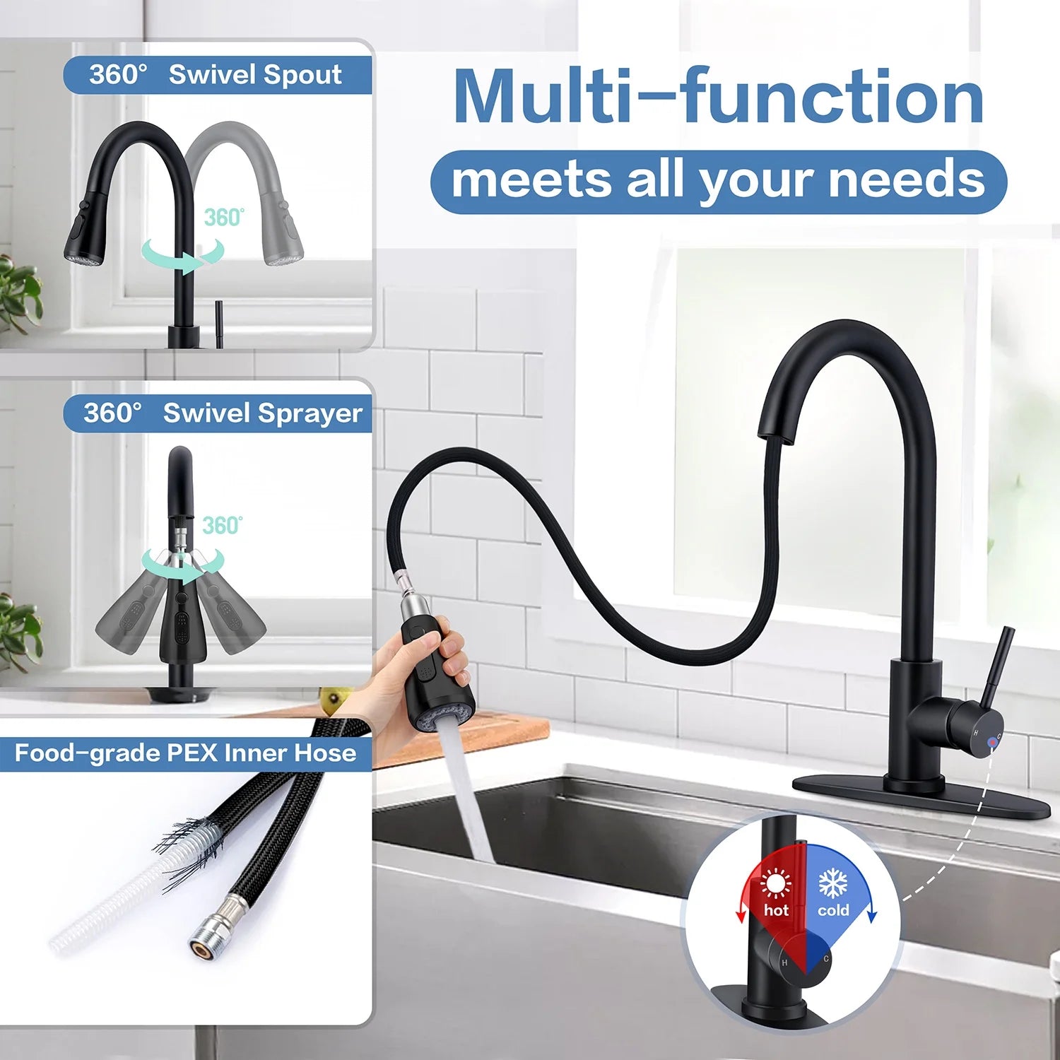 18/10 Stainless Steel Matte Black Kitchen Sink Faucet with Pull Down Sprayer I5373