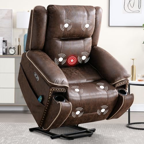 Brown Leather Power Lift Chair with Massage and Heat H16630
