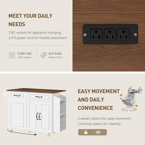 White and Walnut Kitchen Island with Power Outlet and Drop Leaf W7712