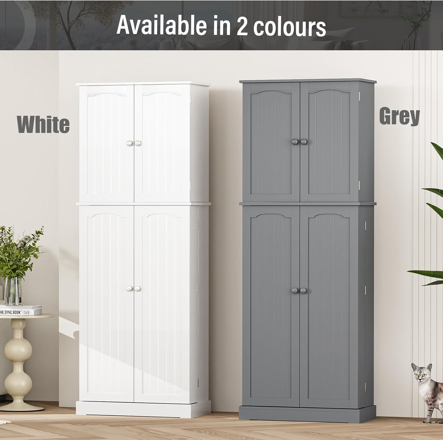 White Tall Freestanding Kitchen Pantry Cabinet with Doors and Shelves O44587