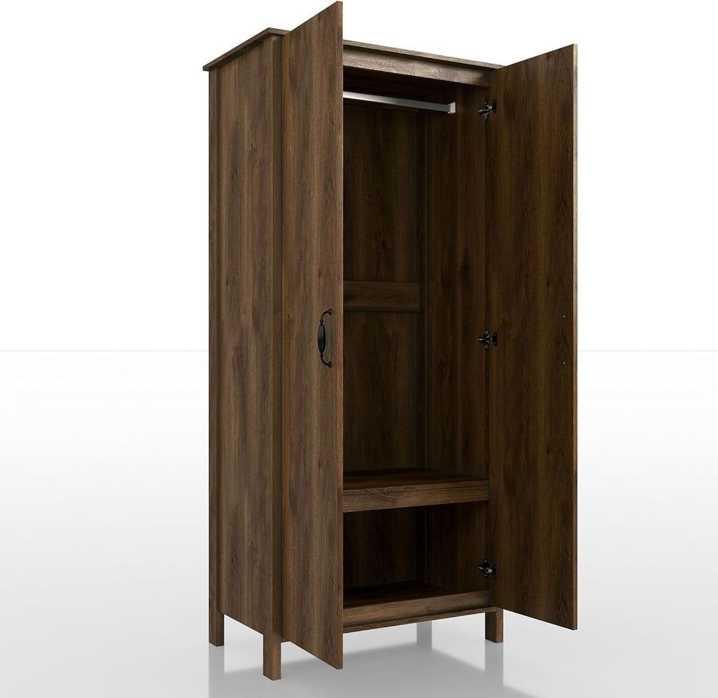Walnut Brown 2-Doors Wood Armoire Wardrobe Closet with Fixed Shelves and Hanging Rack M110984