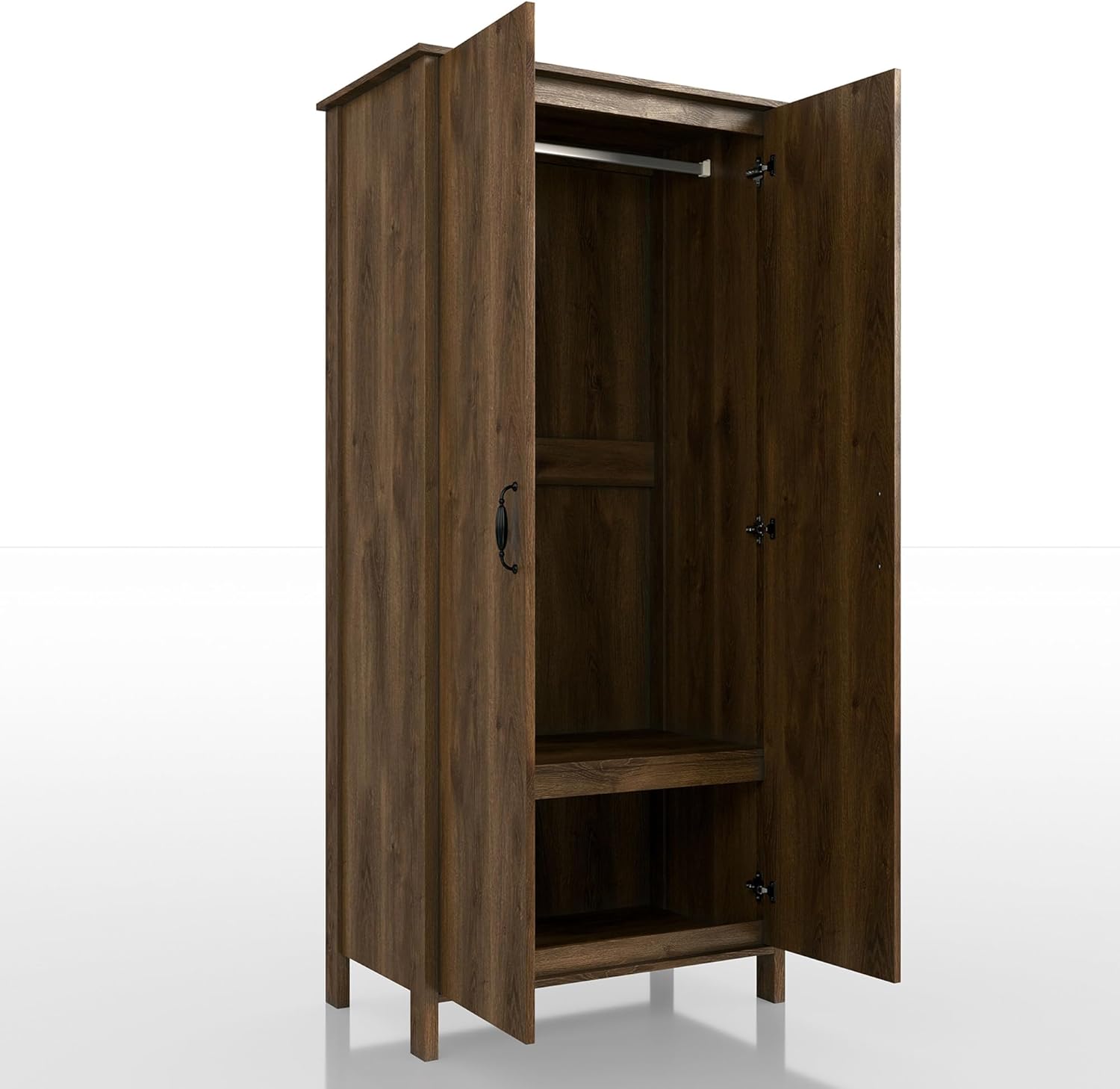 Walnut Brown 2-Doors Wood Armoire Wardrobe Closet with Fixed Shelves and Hanging Rack M110984