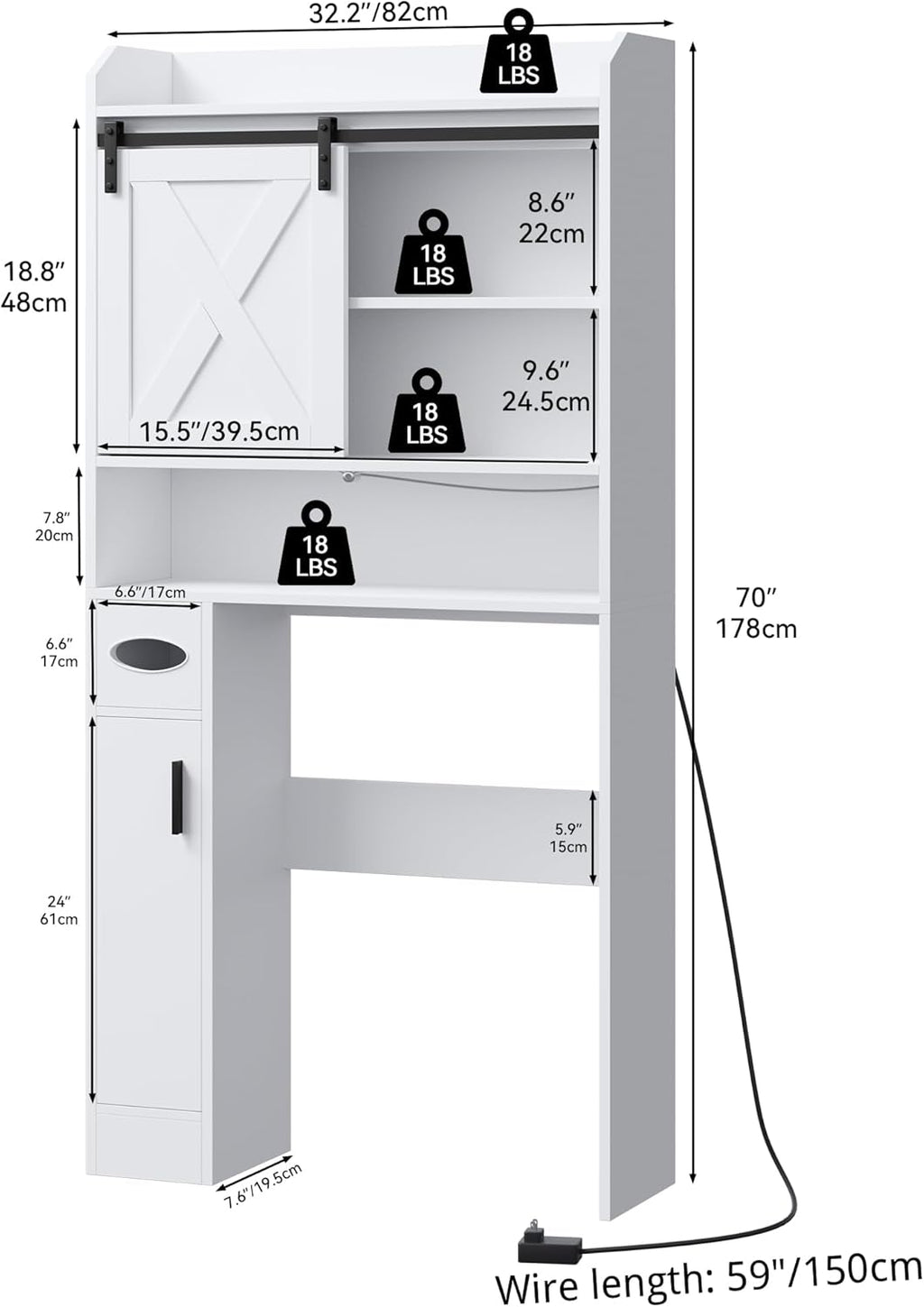 White Over The Toilet Storage Cabinet with Sliding Door I5842
