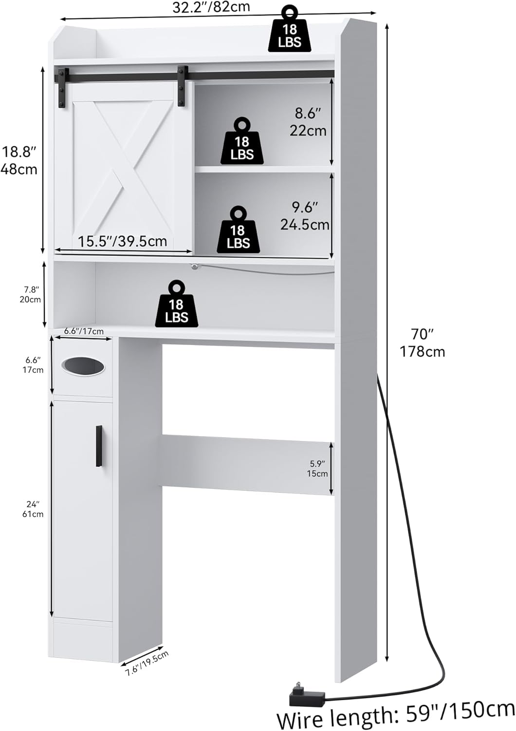 White Over The Toilet Storage Cabinet with Sliding Door I5842