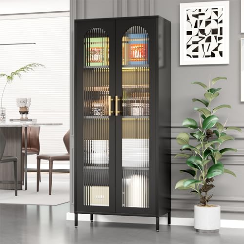 Black 65" Metal Storage Cabinet with Glass Doors and 3 Adjustable Shelves X843