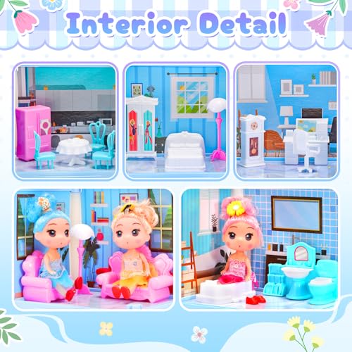 Blue 4-Story 11 Rooms Doll House with Furniture O90349