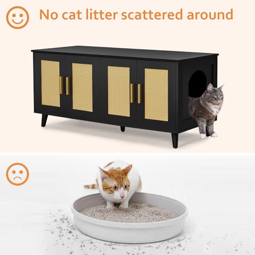 Boho Cat Litter Box Enclosure with Double Rattan Decorated Doors, 47.2"L x 19.7"W x 21.7"H, Natural U430