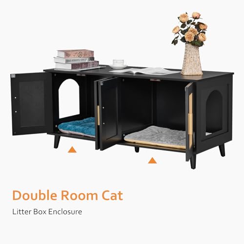 Boho Cat Litter Box Enclosure with Double Rattan Decorated Doors, 47.2"L x 19.7"W x 21.7"H, Natural U430