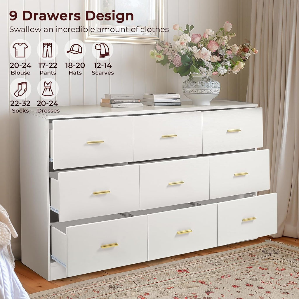 White 9 Drawer Dresser with Wooden Top O1823