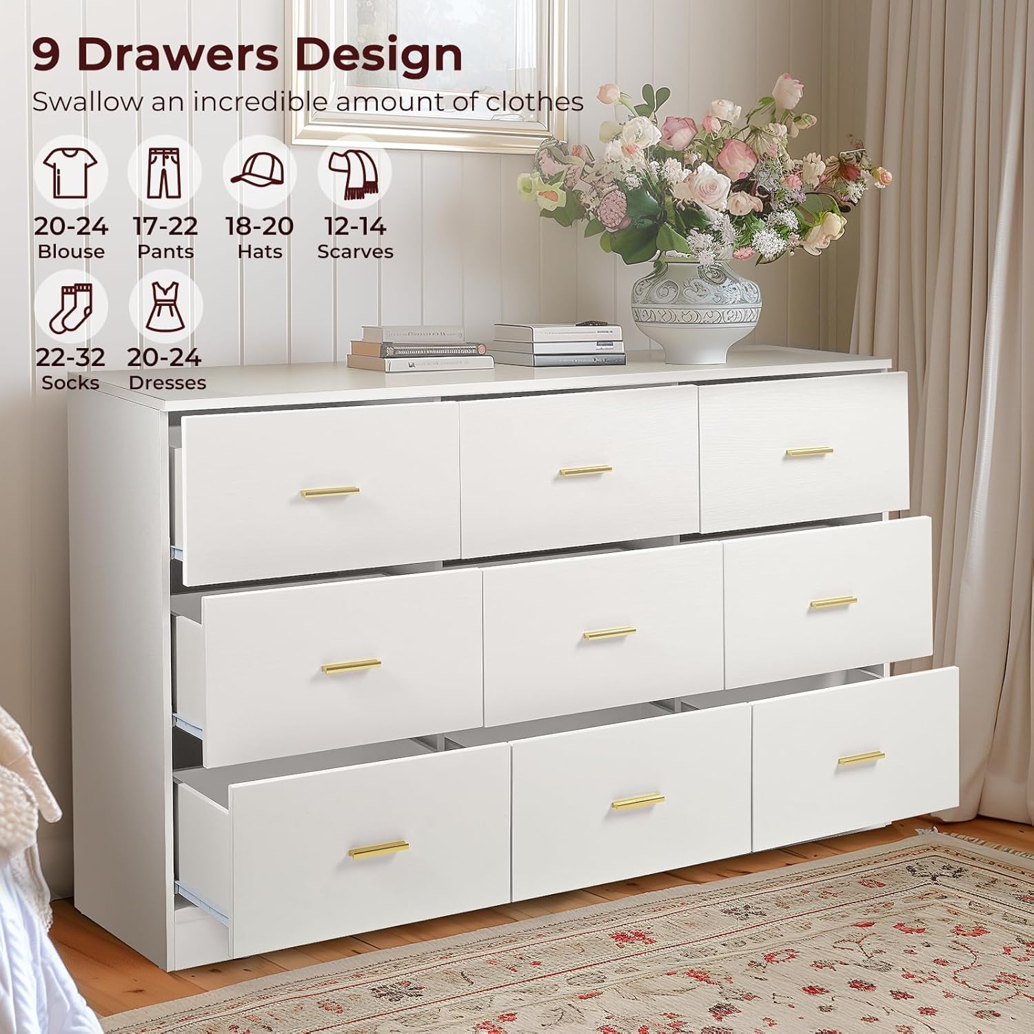 White 9 Drawer Dresser with Wooden Top O1823