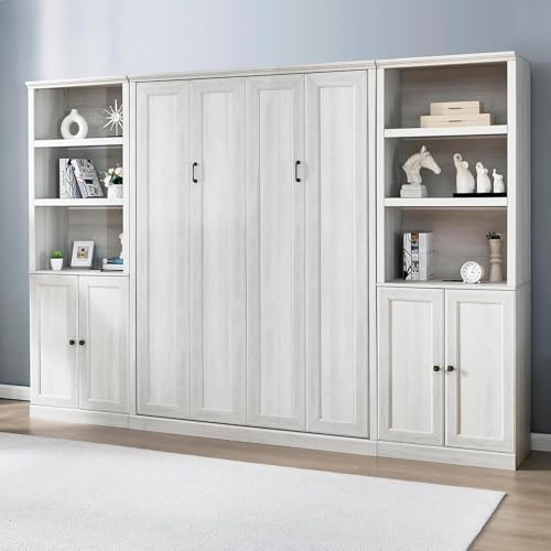 Queen Size White Wood Murphy Bed with Storage Bookcase Shelves T158053