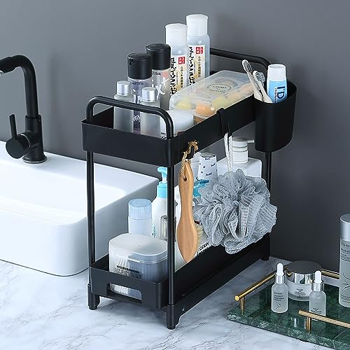 2 Pack Black 2 Tier Sliding Under Sink Shelf with 4 Hooks and Cup Slot E8904