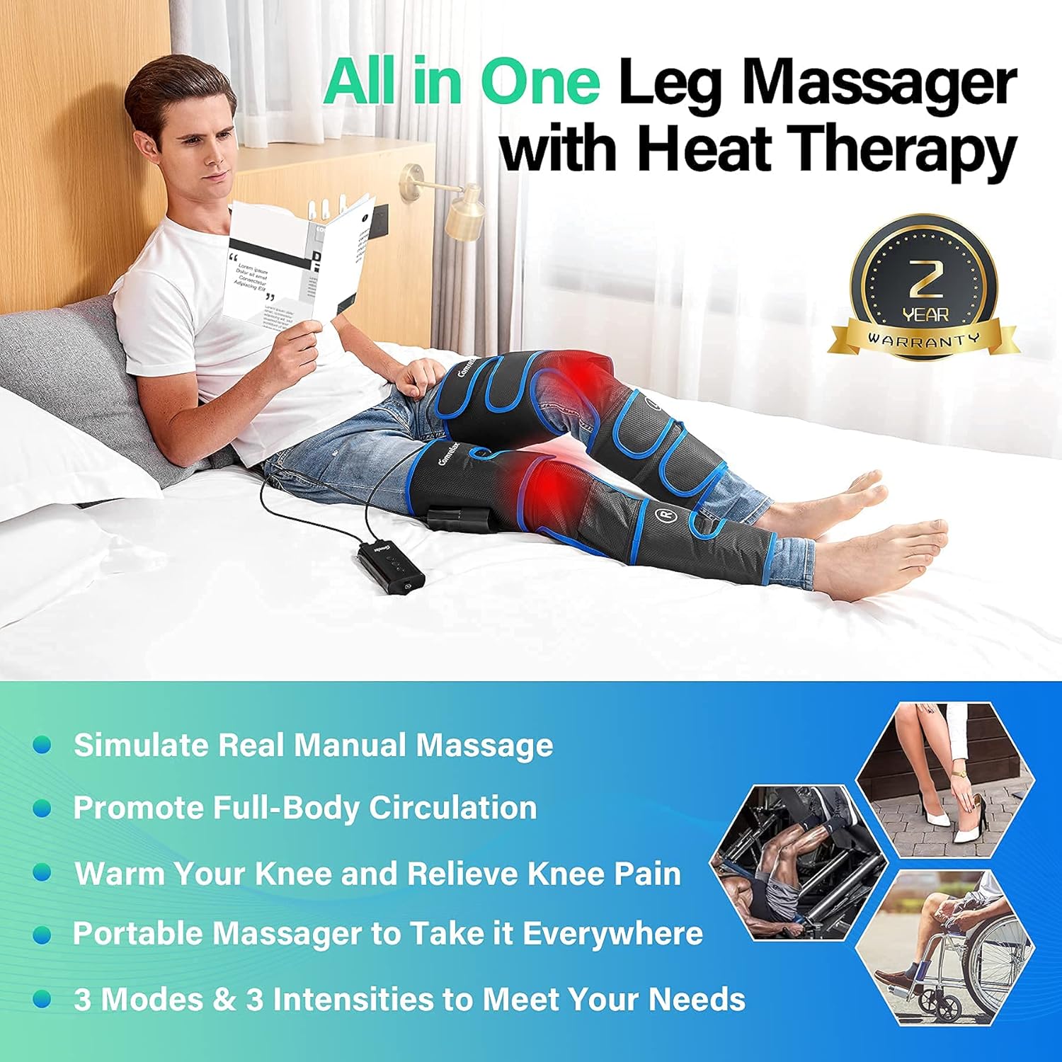 Rechargeable Cordless Air Compression Leg Massager with Heat, 3 Modes 3 Intensities S584651