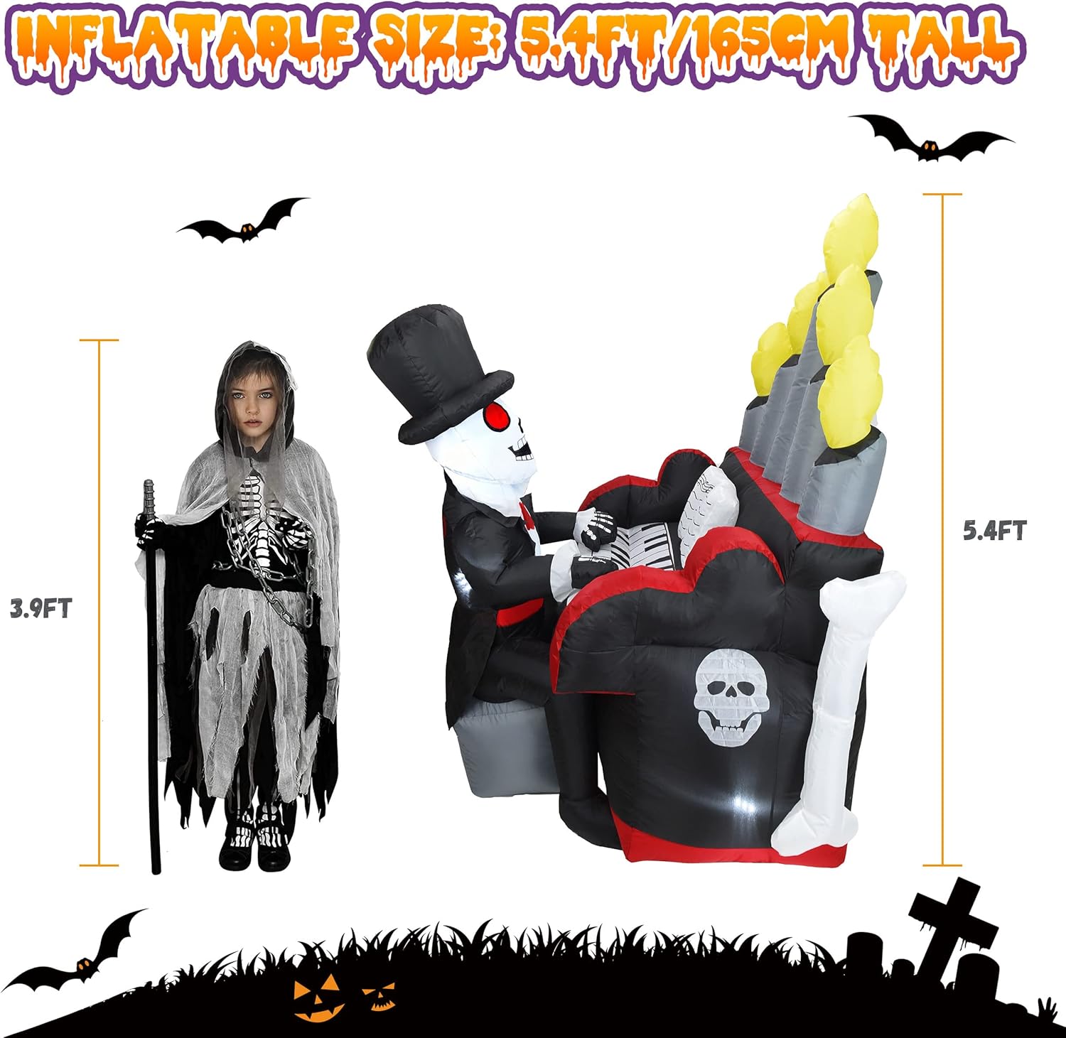 5.4FT Halloween Inflatable Skeleton Playing Piano with LED Lights and Bluetooth Speaker E350