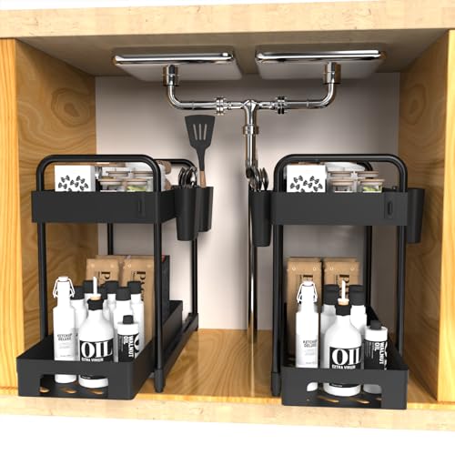 2 Pack Black 2 Tier Sliding Under Sink Shelf with 4 Hooks and Cup Slot E8904