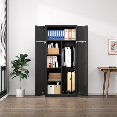 White Metal Armoire Wardrobe Closet with 2 Doors & 2 Drawers and Hanging Rod J3526