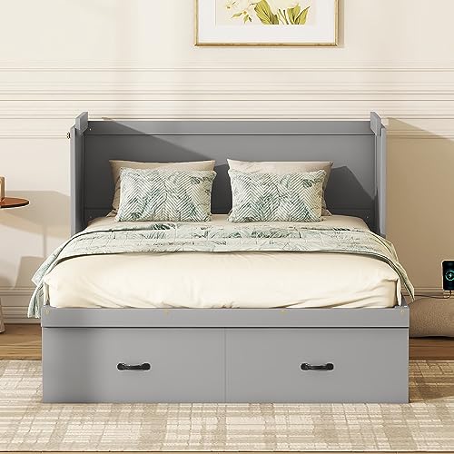 White Queen Size Foldable Wood Wall Bed Frame with Shelves and LED Lights W907