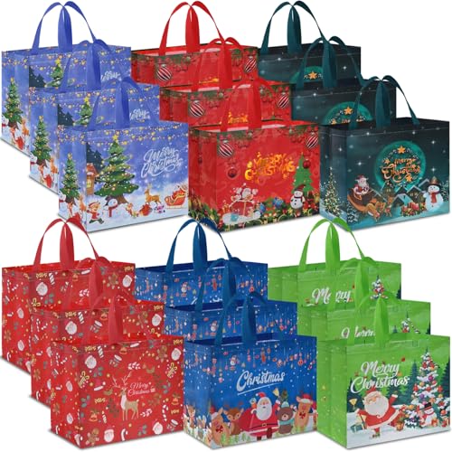 12 PCS Assorted Sizes Reusable Non-Woven Christmas Tote Bags with Handles W803294