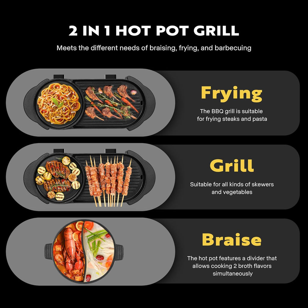 2200W Electric Hot Pot with Grill, Removable Non-stick Shabu-shabu Pot with Baking Pan, Separate Temperature Control 2-IN-1 Hotpot BBQ E730
