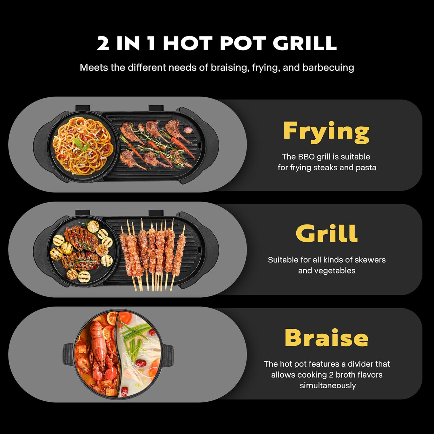 2200W Electric Hot Pot with Grill, Removable Non-stick Shabu-shabu Pot with Baking Pan, Separate Temperature Control 2-IN-1 Hotpot BBQ E730