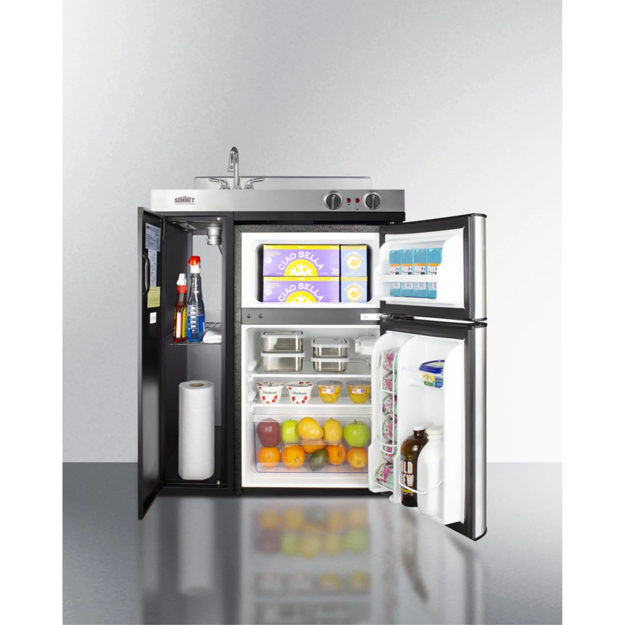 30" wide all-in-one kitchenette with 2-burner 115V coil cooktop, refrigerator-freezer, sink, and storage cabinet I812
