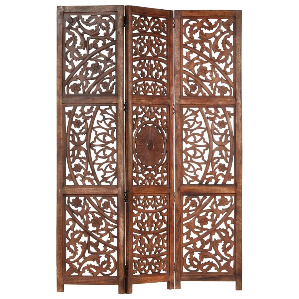 Hand Carved 3-Panel Room Divider Brown Solid Mango Wood D589