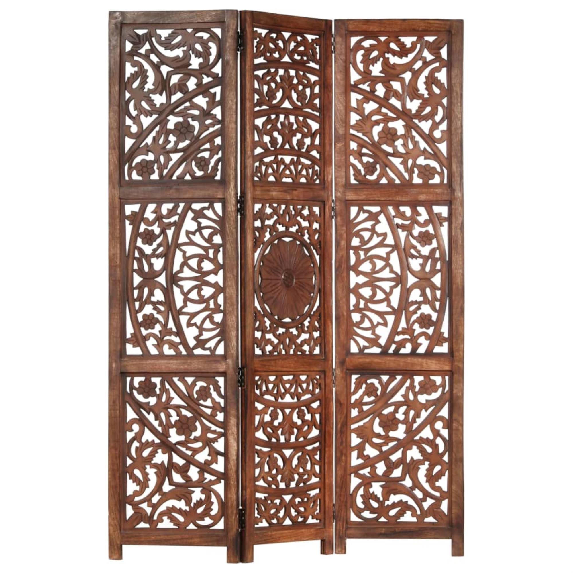 Hand Carved 3-Panel Room Divider Brown Solid Mango Wood D589