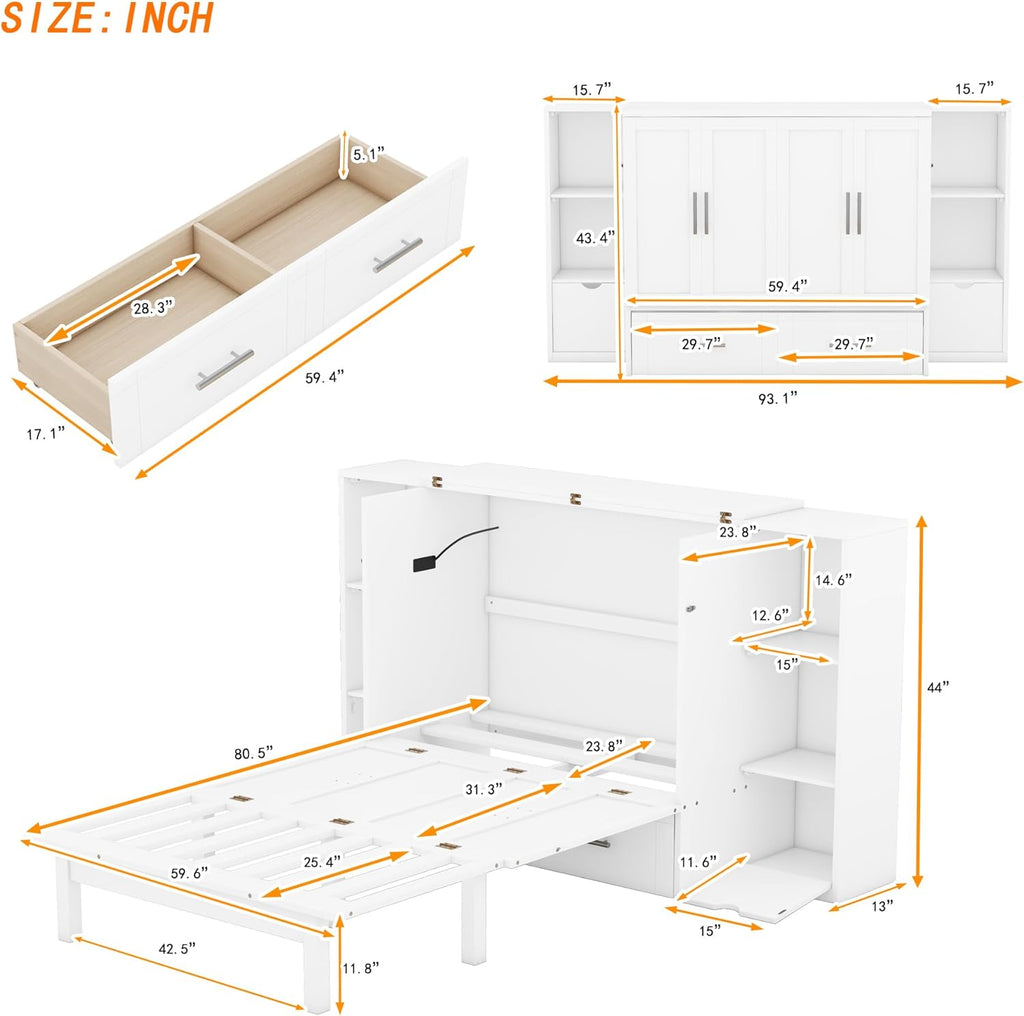 White Queen Size Murphy Bed with Shelves and Drawers P415