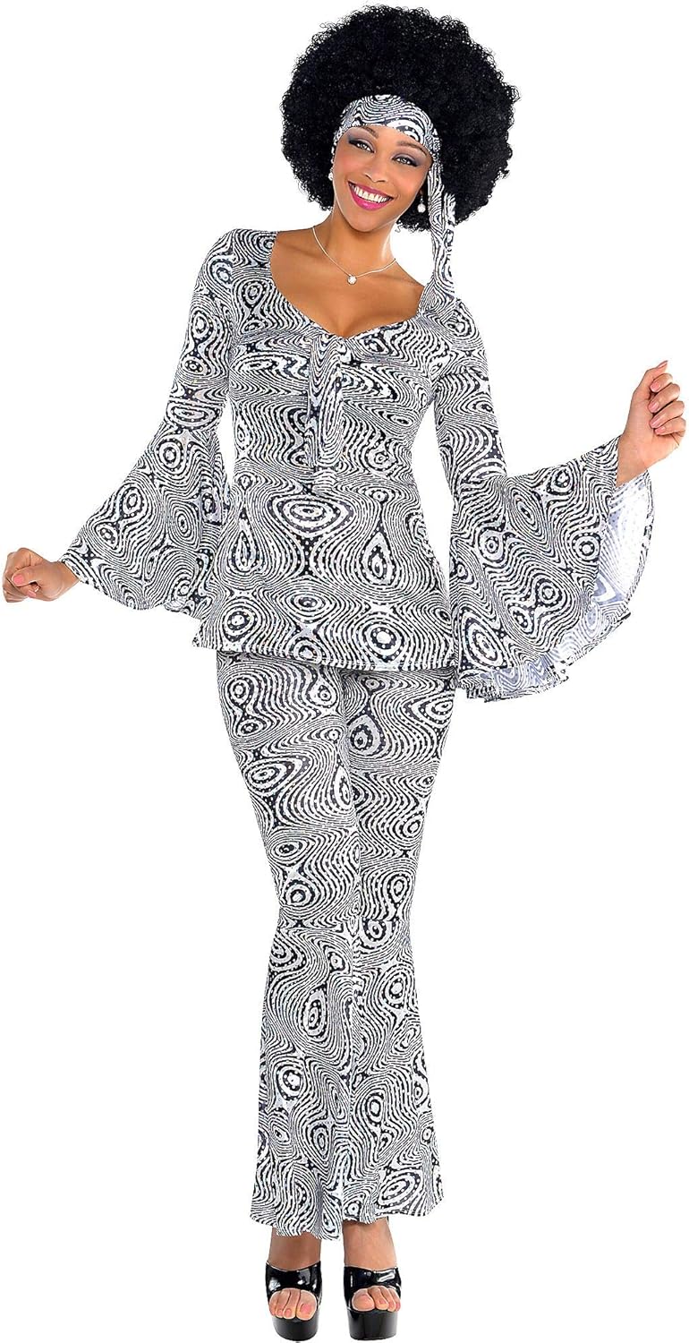 Disco Costume for Adults, Size Medium, Includes Top, Flare Pants, and Headscarf G7928