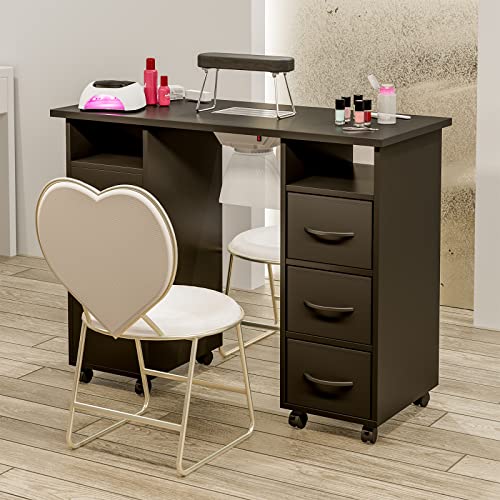 Black Manicure Table with Dust Collector, Wrist Cushion, Drawers, Lockable Wheels & Cabinet R23385