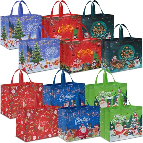 12 PCS Assorted Sizes Reusable Non-Woven Christmas Tote Bags with Handles W803294