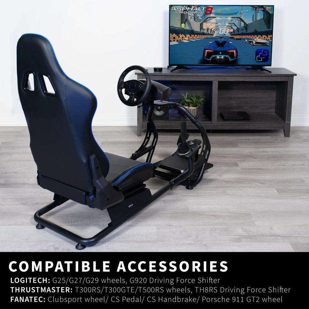 Black Blue Racing Simulator Cockpit with Wheel Stand and Reclining Seat Y392